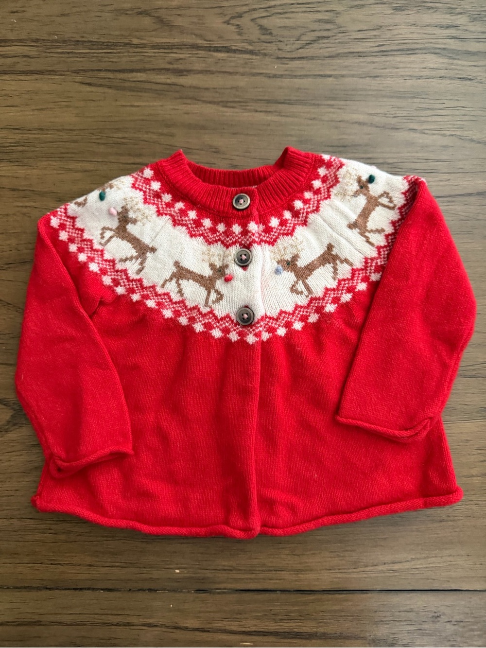 Baby Boden Red Knit Cardigan with White Reindeer Yoke